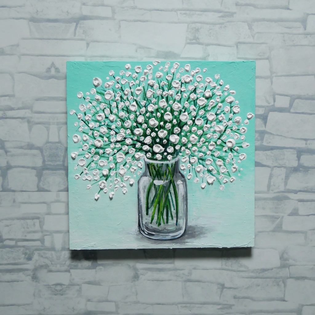 絵画 油彩 白い花束 木製パネル【かすみ草】リビングの壁掛けアート インテリア