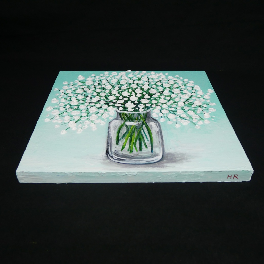 絵画 油彩 白い花束 木製パネル【かすみ草】リビングの壁掛けアート インテリア