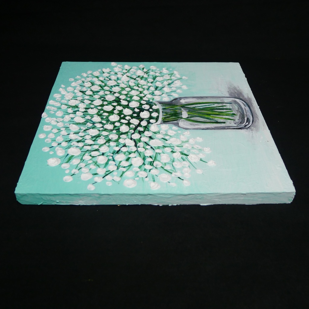 絵画 油彩 白い花束 木製パネル【かすみ草】リビングの壁掛けアート インテリア