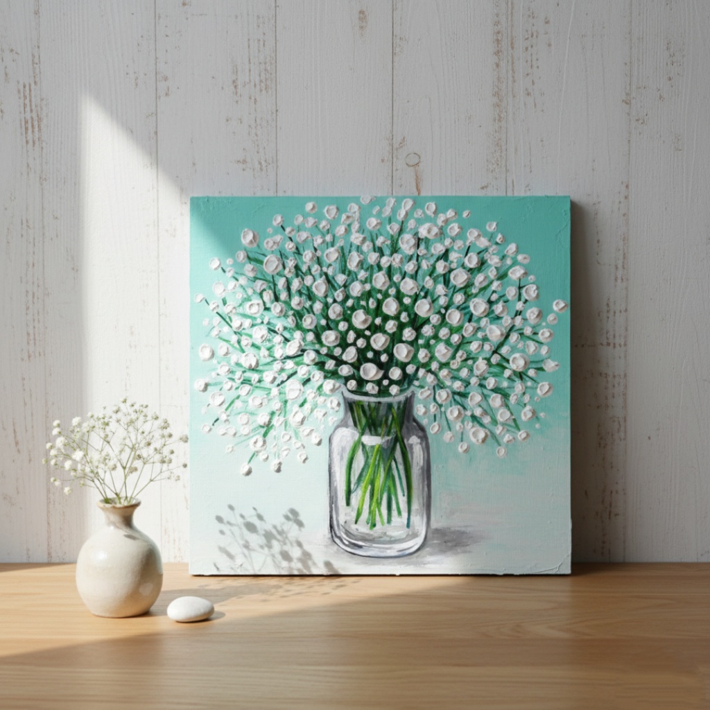 絵画 油彩 白い花束 木製パネル【かすみ草】リビングの壁掛けアート インテリア