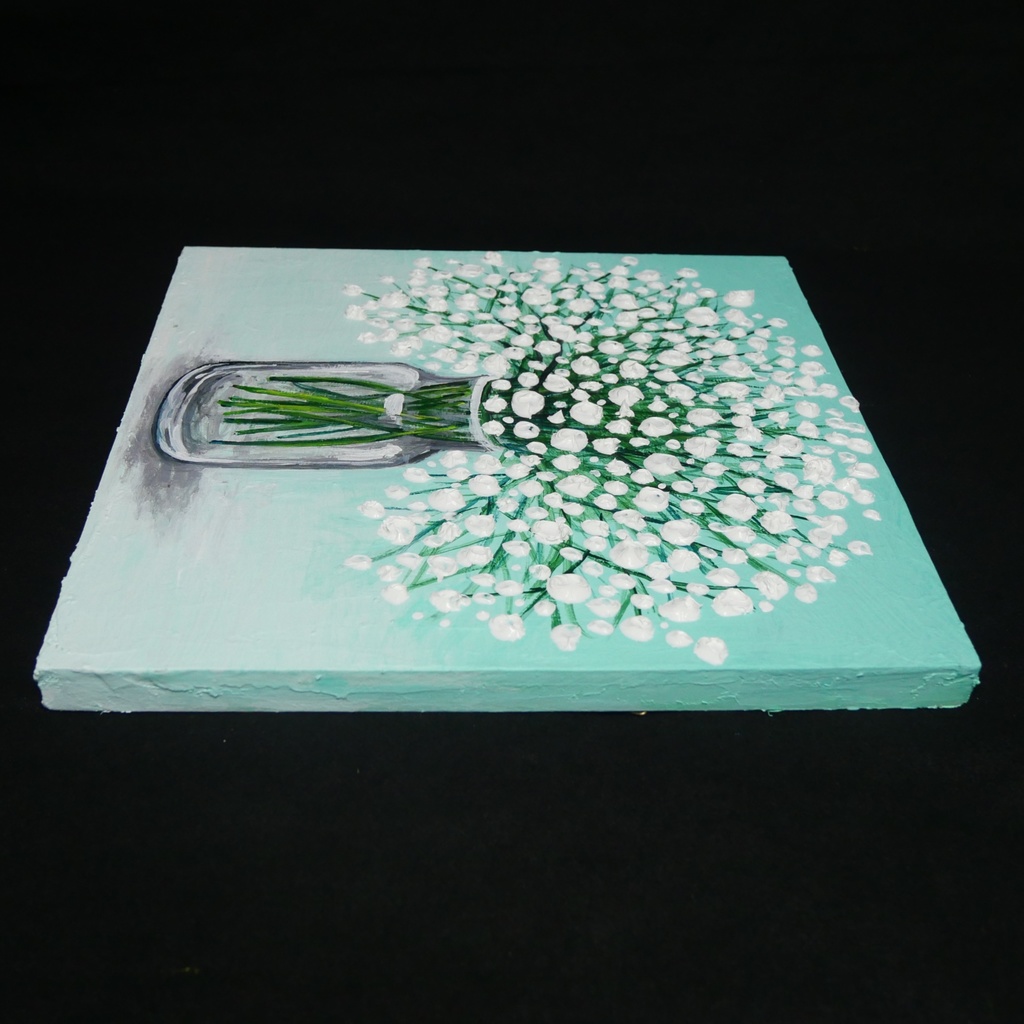 絵画 油彩 白い花束 木製パネル【かすみ草】リビングの壁掛けアート インテリア