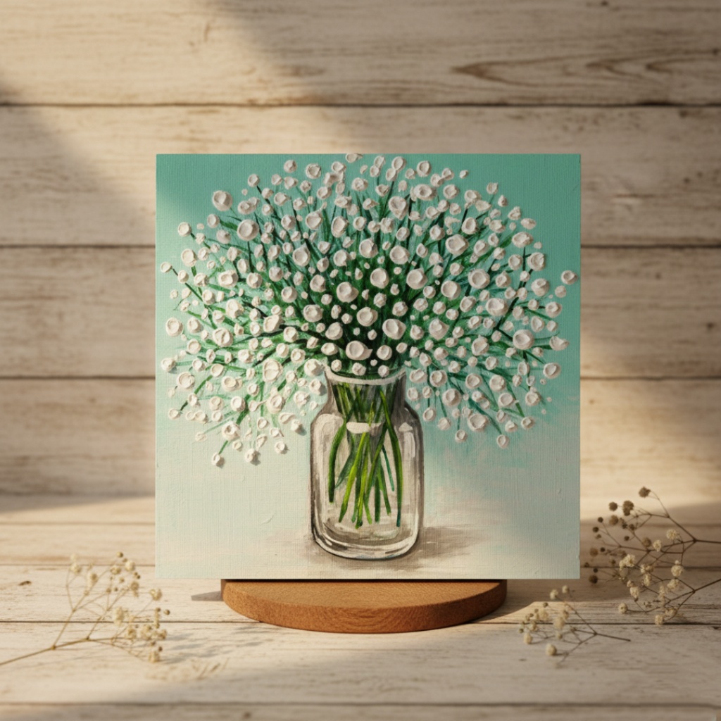 絵画 油彩 白い花束 木製パネル【かすみ草】リビングの壁掛けアート インテリア