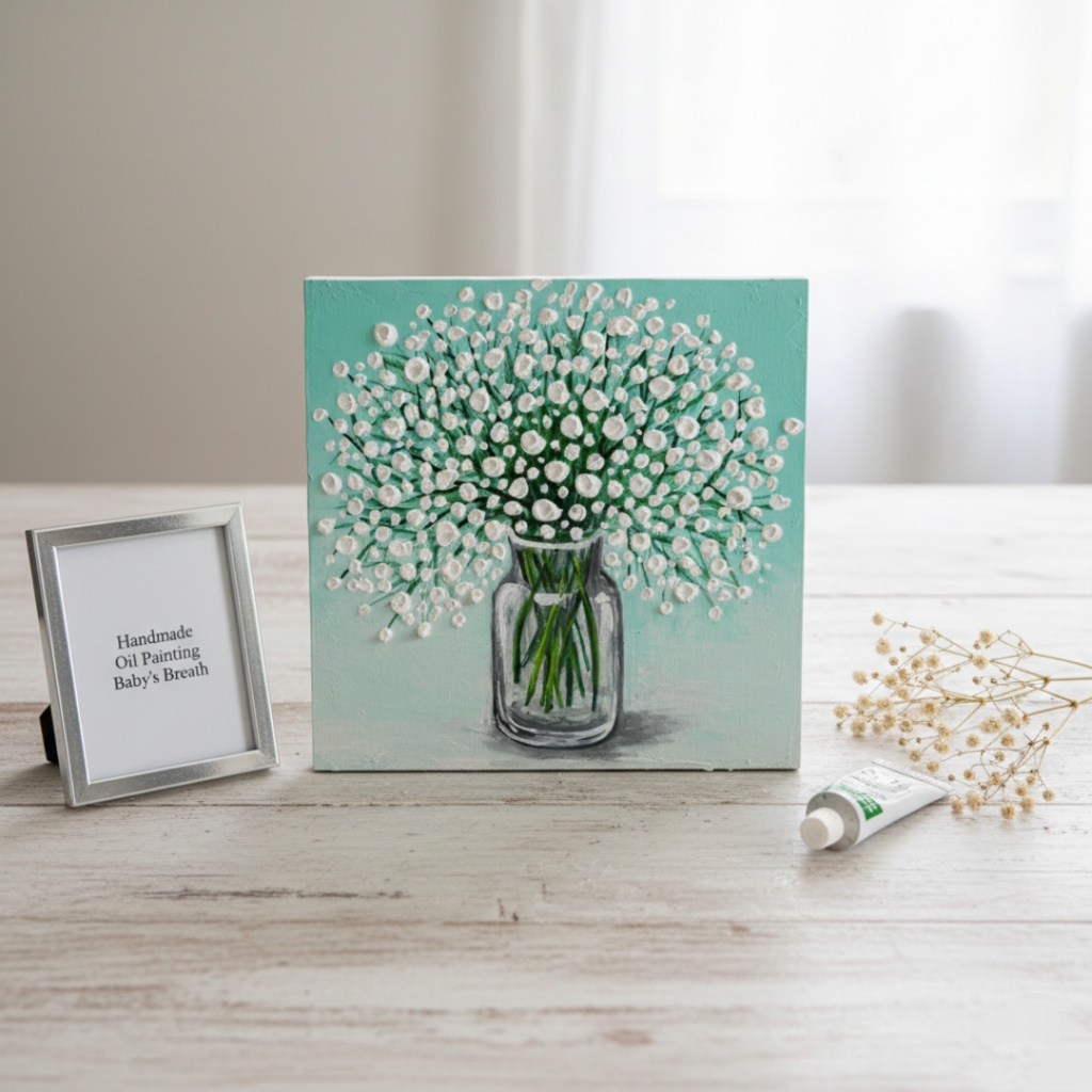 絵画 油彩 白い花束 木製パネル【かすみ草】リビングの壁掛けアート インテリア