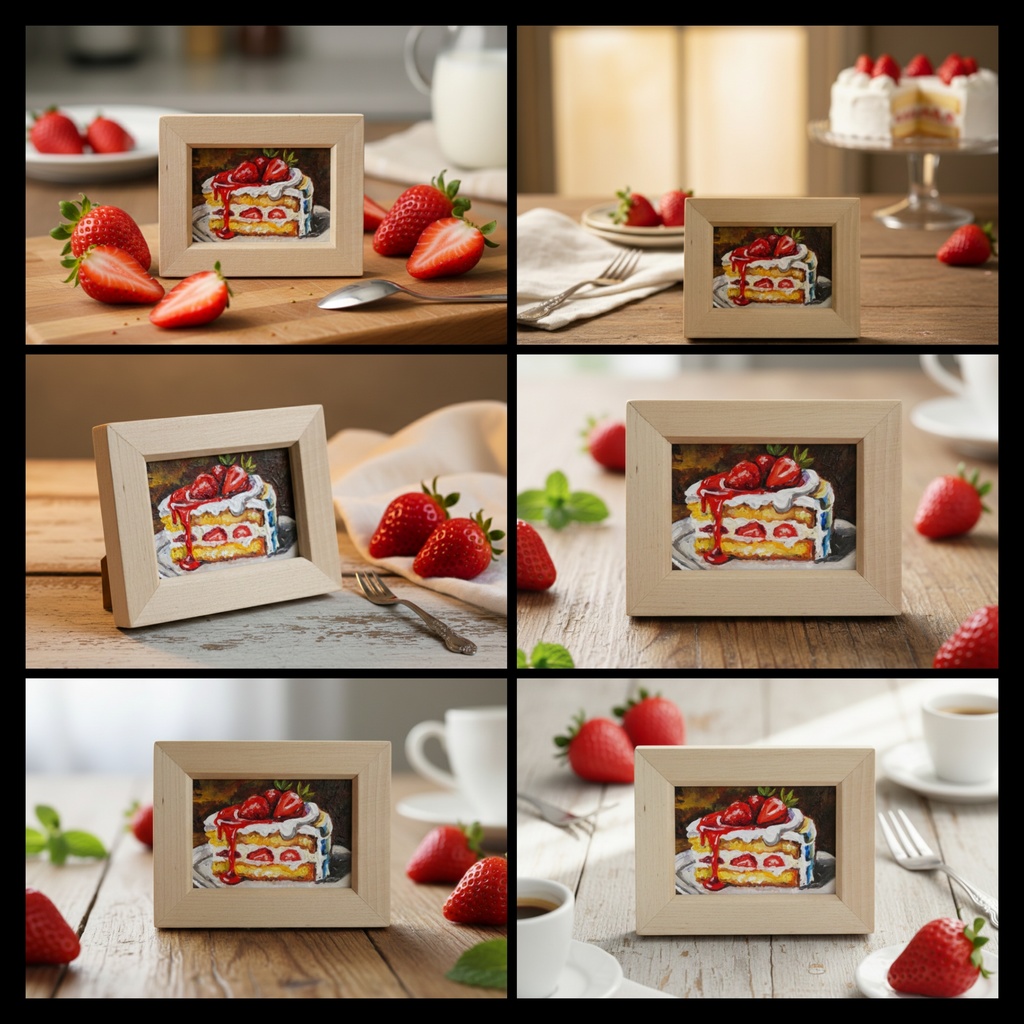 油絵 ミニ絵画額付き【ショートケーキ】手のひらサイズ 原画 油彩画 いちご スイーツ デザート 壁掛け インテリア雑貨