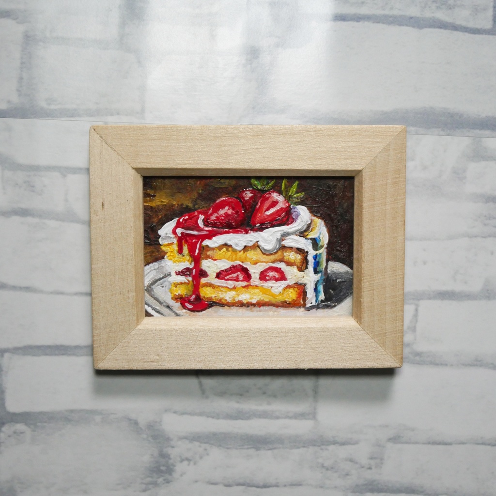 油絵 ミニ絵画額付き【ショートケーキ】手のひらサイズ 原画 油彩画 いちご スイーツ デザート 壁掛け インテリア雑貨