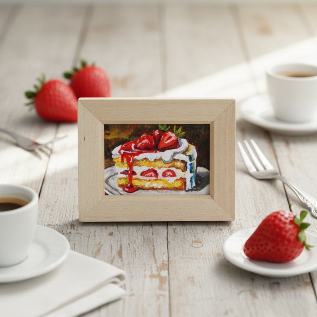 油絵 ミニ絵画額付き【ショートケーキ】手のひらサイズ 原画 油彩画 いちご スイーツ デザート 壁掛け インテリア雑貨