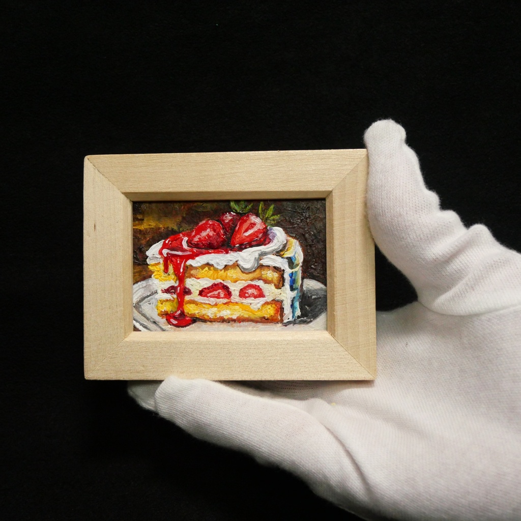 油絵 ミニ絵画額付き【ショートケーキ】手のひらサイズ 原画 油彩画 いちご スイーツ デザート 壁掛け インテリア雑貨
