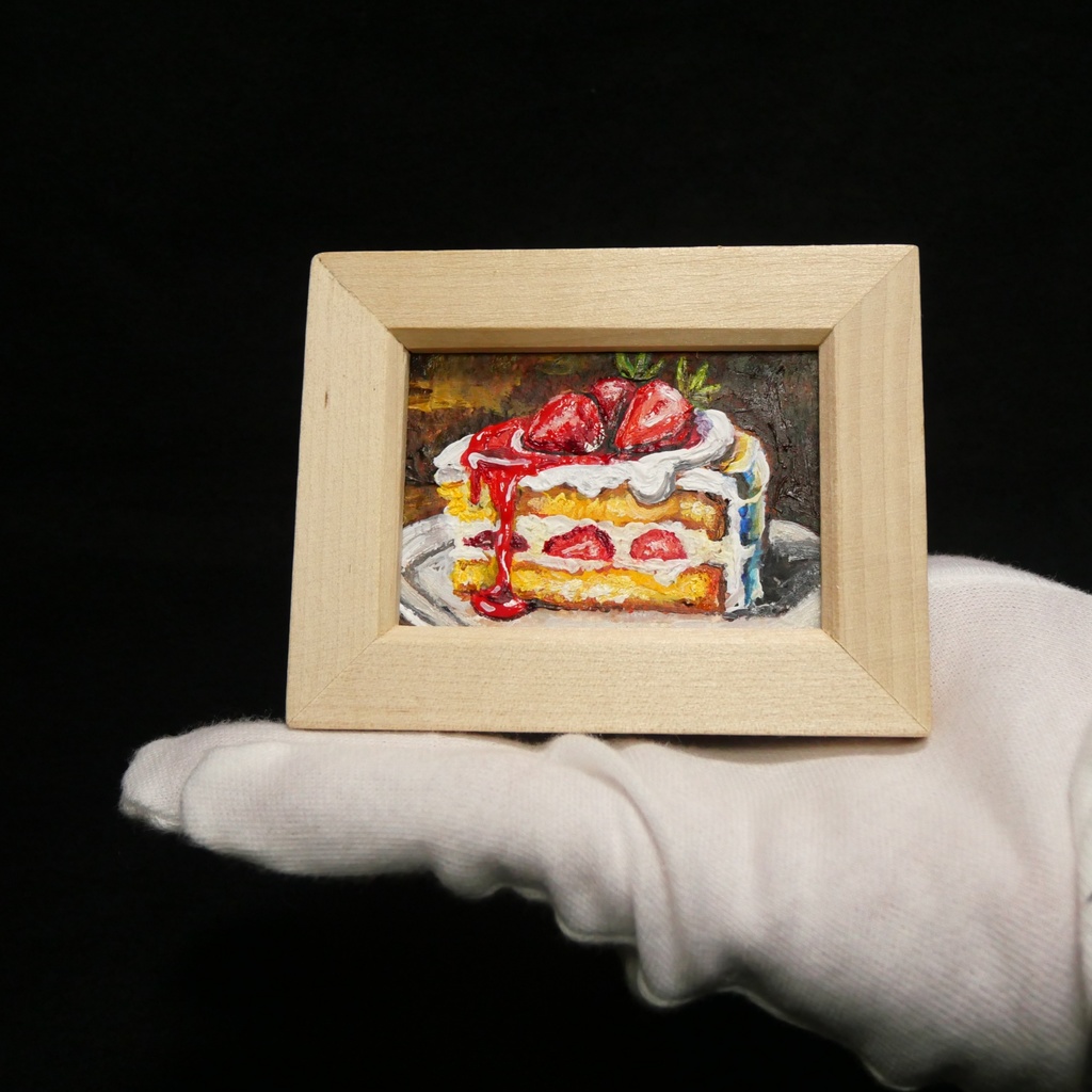 油絵 ミニ絵画額付き【ショートケーキ】手のひらサイズ 原画 油彩画 いちご スイーツ デザート 壁掛け インテリア雑貨