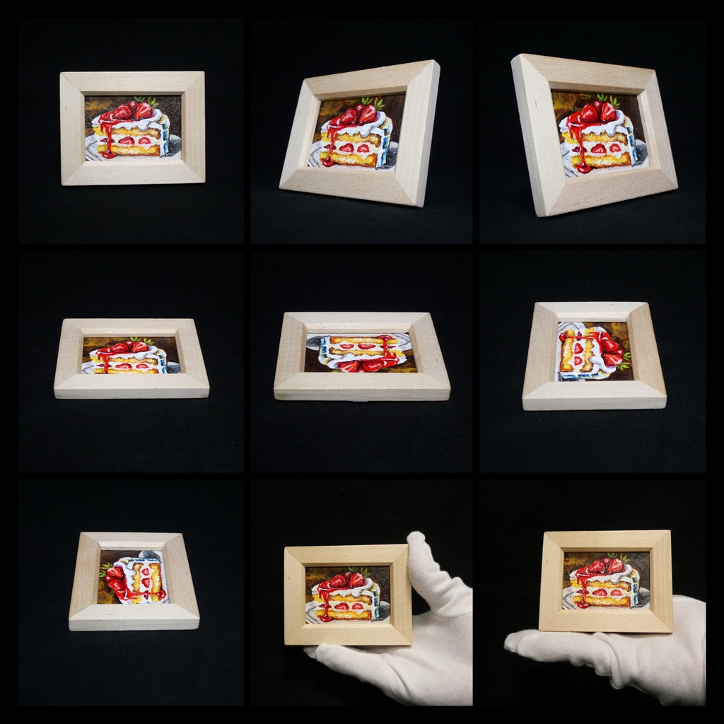 油絵 ミニ絵画額付き【ショートケーキ】手のひらサイズ 原画 油彩画 いちご スイーツ デザート 壁掛け インテリア雑貨