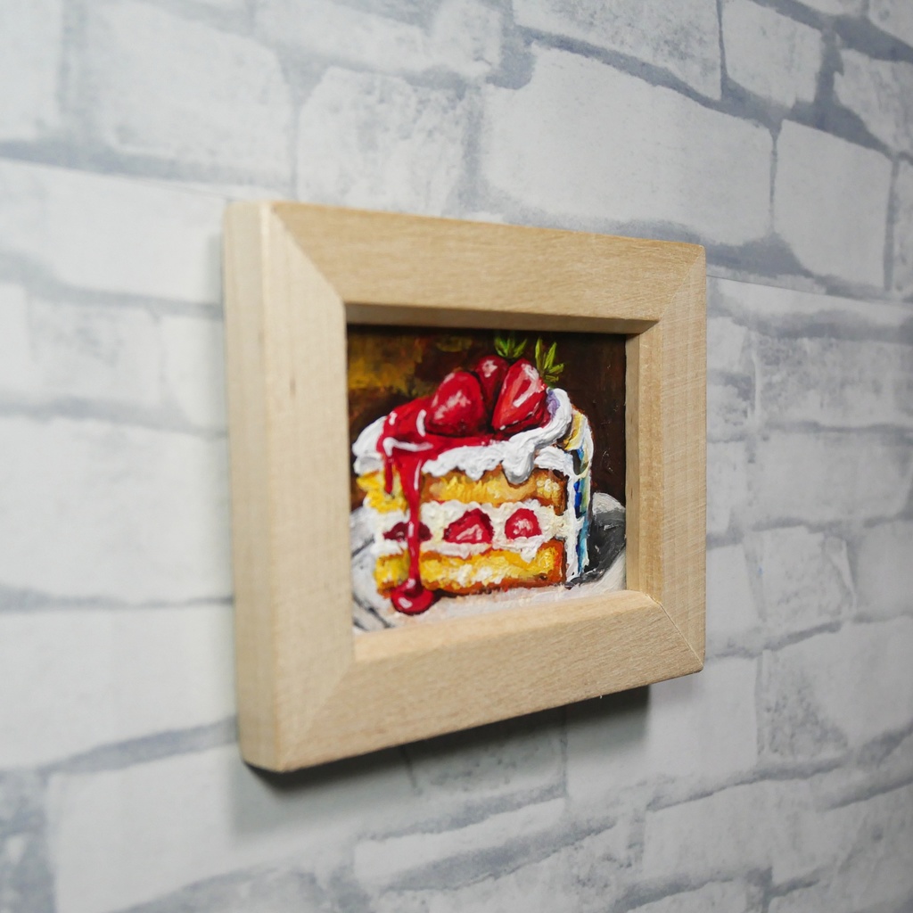 油絵 ミニ絵画額付き【ショートケーキ】手のひらサイズ 原画 油彩画 いちご スイーツ デザート 壁掛け インテリア雑貨