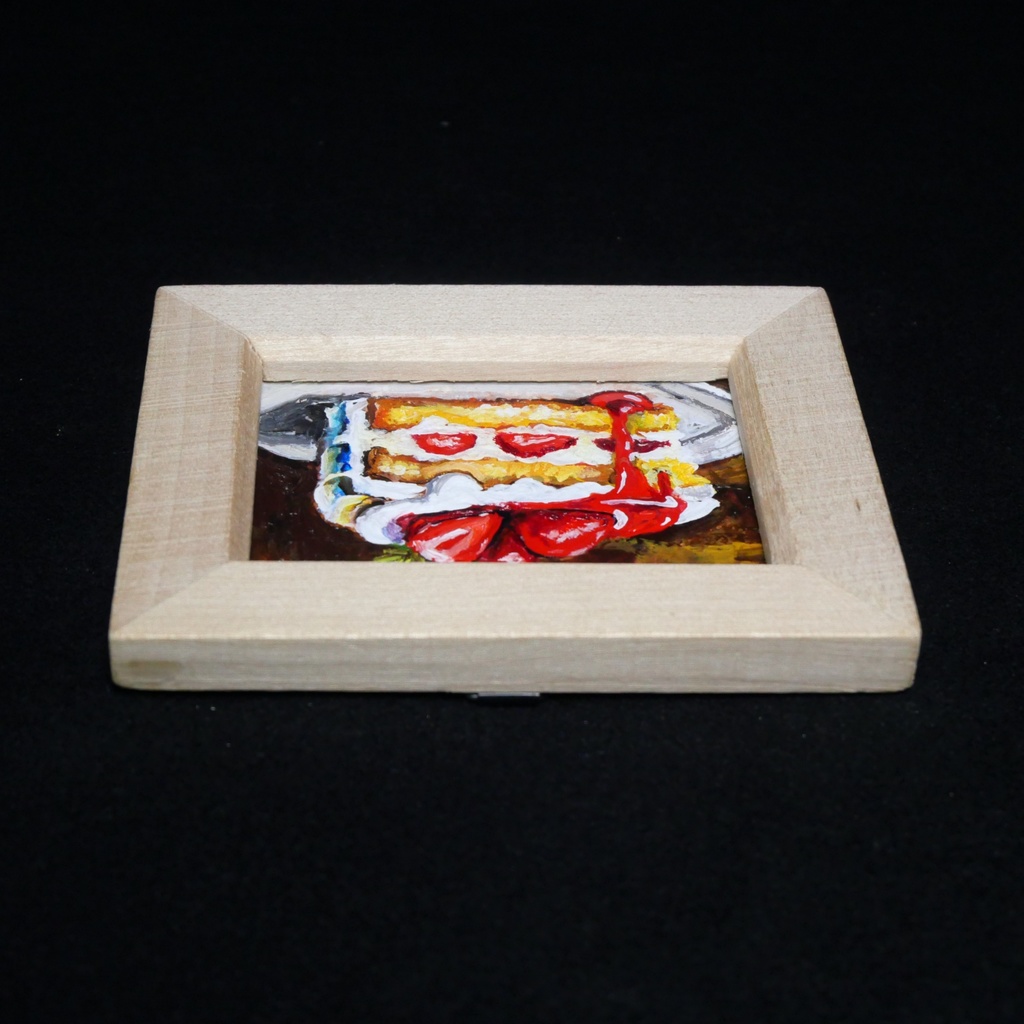 油絵 ミニ絵画額付き【ショートケーキ】手のひらサイズ 原画 油彩画 いちご スイーツ デザート 壁掛け インテリア雑貨