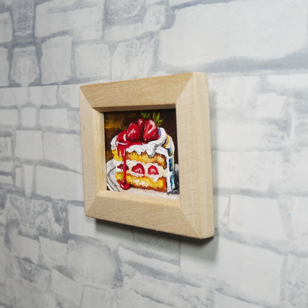 油絵 ミニ絵画額付き【ショートケーキ】手のひらサイズ 原画 油彩画 いちご スイーツ デザート 壁掛け インテリア雑貨