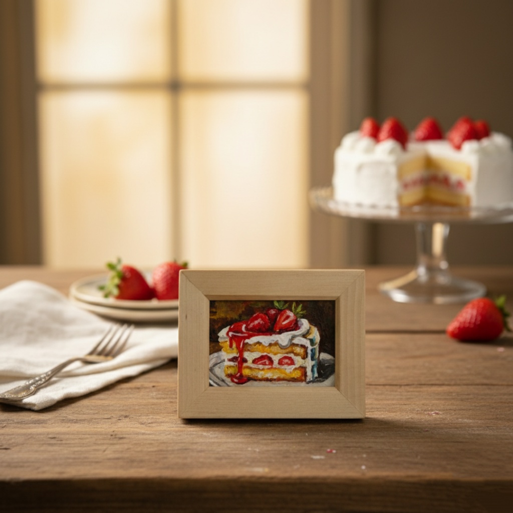 油絵 ミニ絵画額付き【ショートケーキ】手のひらサイズ 原画 油彩画 いちご スイーツ デザート 壁掛け インテリア雑貨