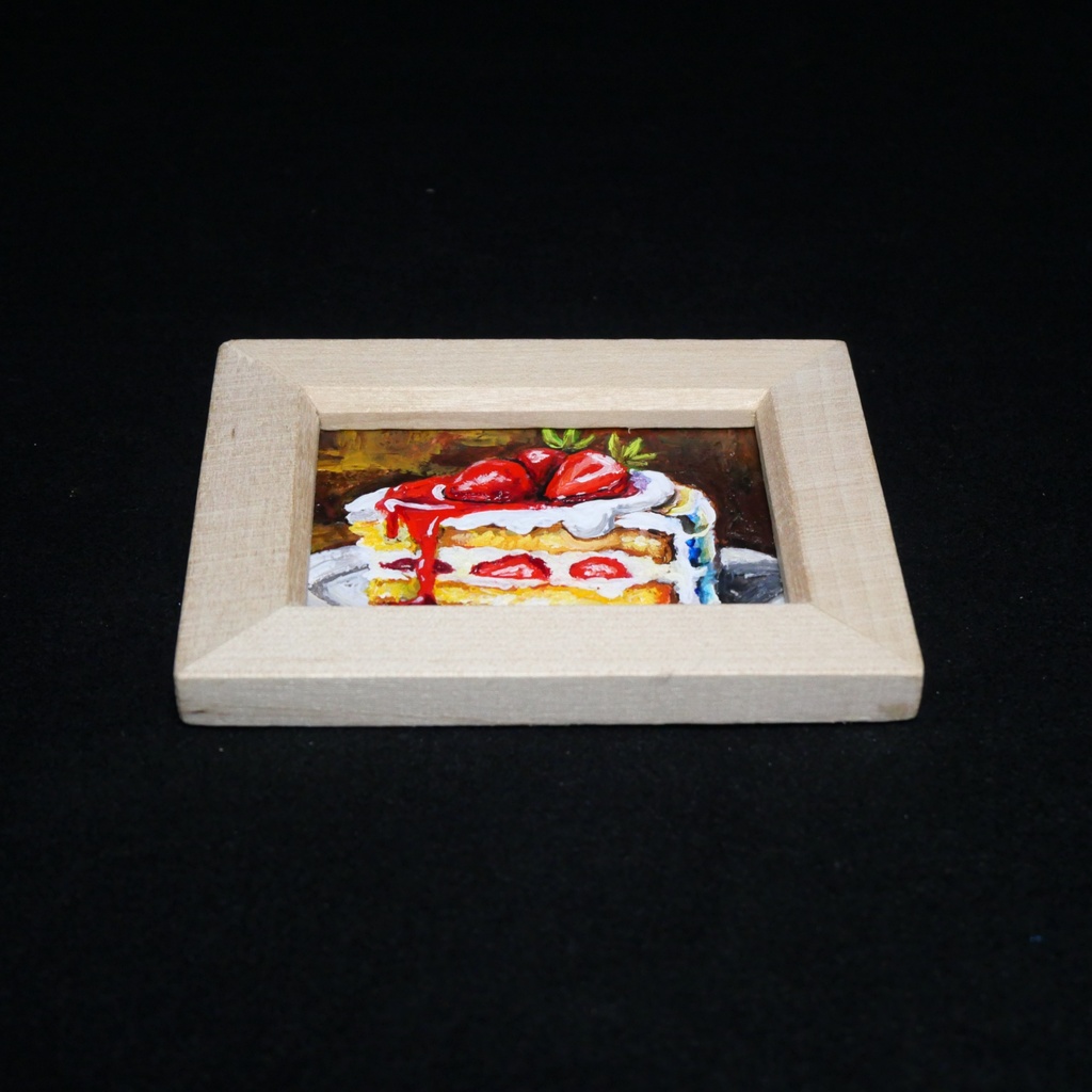 油絵 ミニ絵画額付き【ショートケーキ】手のひらサイズ 原画 油彩画 いちご スイーツ デザート 壁掛け インテリア雑貨