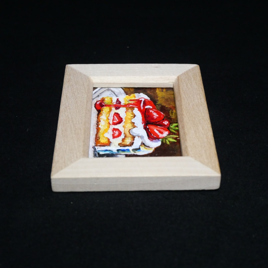 油絵 ミニ絵画額付き【ショートケーキ】手のひらサイズ 原画 油彩画 いちご スイーツ デザート 壁掛け インテリア雑貨