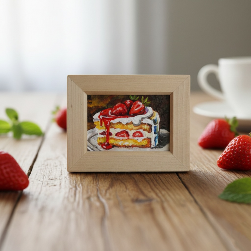 油絵 ミニ絵画額付き【ショートケーキ】手のひらサイズ 原画 油彩画 いちご スイーツ デザート 壁掛け インテリア雑貨