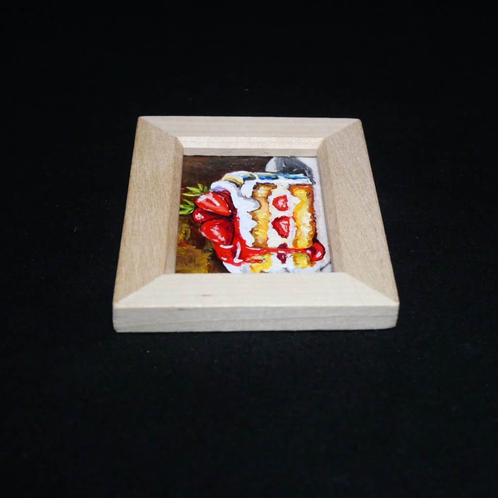 油絵 ミニ絵画額付き【ショートケーキ】手のひらサイズ 原画 油彩画 いちご スイーツ デザート 壁掛け インテリア雑貨