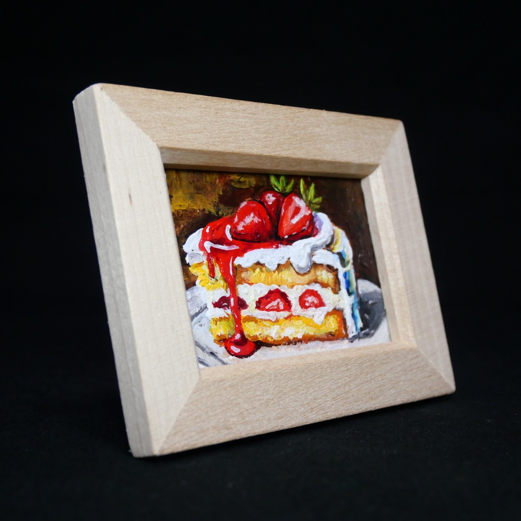 油絵 ミニ絵画額付き【ショートケーキ】手のひらサイズ 原画 油彩画 いちご スイーツ デザート 壁掛け インテリア雑貨