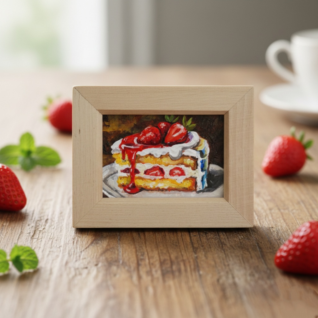 油絵 ミニ絵画額付き【ショートケーキ】手のひらサイズ 原画 油彩画 いちご スイーツ デザート 壁掛け インテリア雑貨