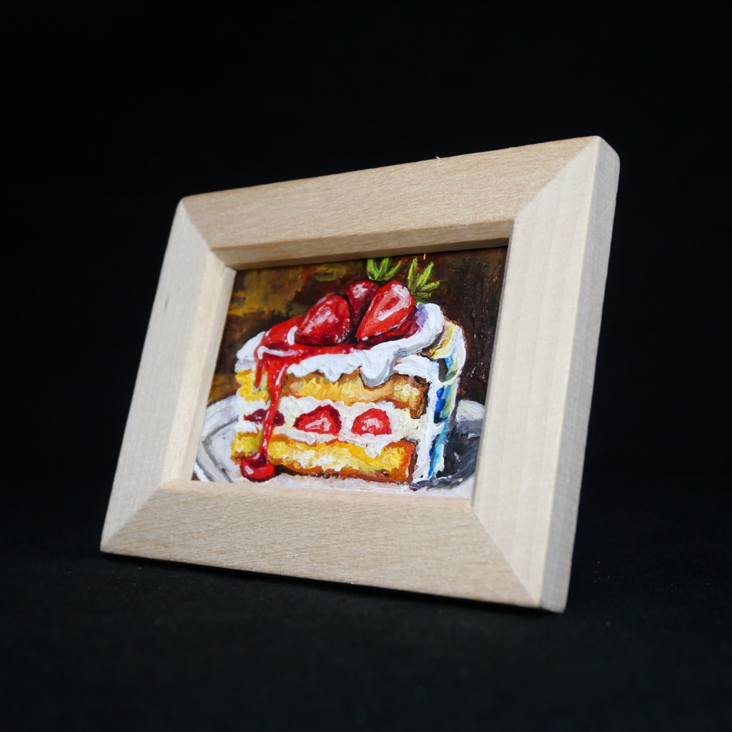 油絵 ミニ絵画額付き【ショートケーキ】手のひらサイズ 原画 油彩画 いちご スイーツ デザート 壁掛け インテリア雑貨