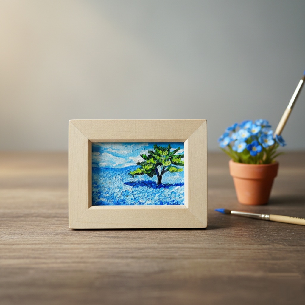 油絵 油彩 油彩画 絵 絵画 手描きミニ絵画　手のひらサイズ 【ネモフィラの丘】（額縁付き）