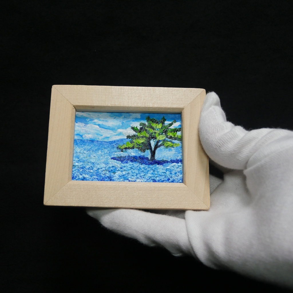 油絵 油彩 油彩画 絵 絵画 手描きミニ絵画 手のひらサイズ 【ネモフィラの丘】(額縁付き)