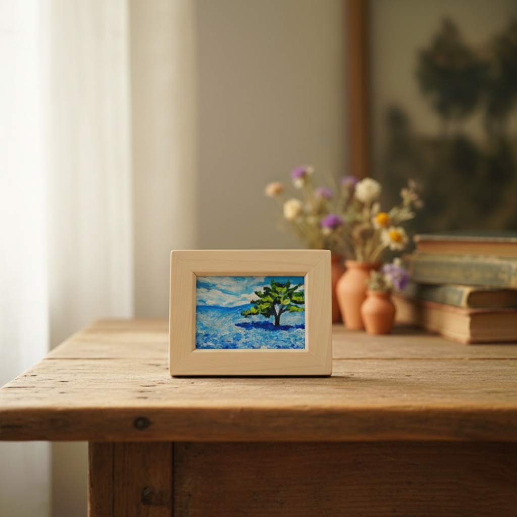 油絵 油彩 油彩画 絵 絵画 手描きミニ絵画 手のひらサイズ 【ネモフィラの丘】(額縁付き)