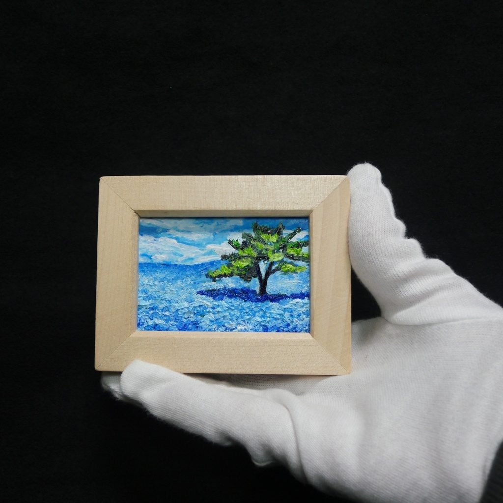 油絵 油彩 油彩画 絵 絵画 手描きミニ絵画 手のひらサイズ 【ネモフィラの丘】(額縁付き)