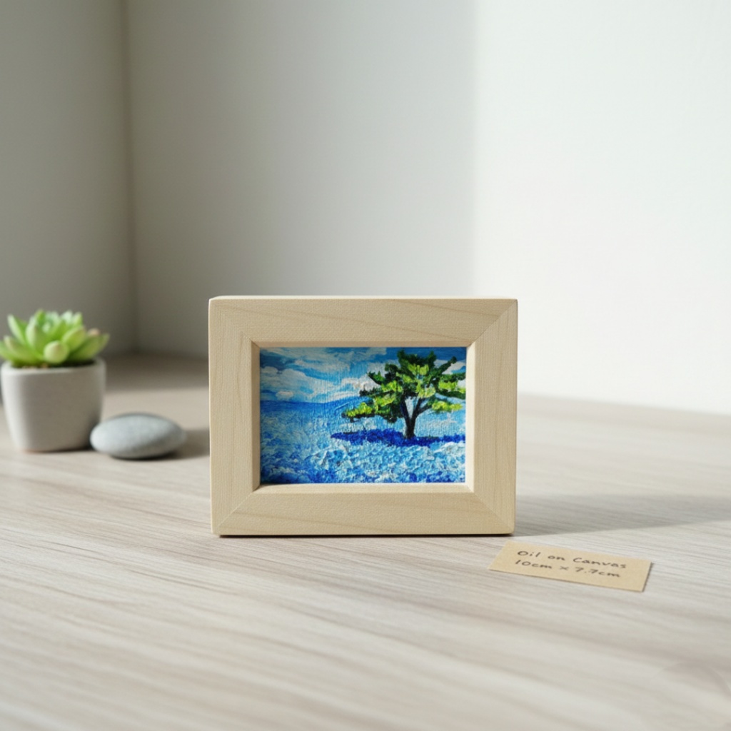 油絵 油彩 油彩画 絵 絵画 手描きミニ絵画 手のひらサイズ 【ネモフィラの丘】(額縁付き)