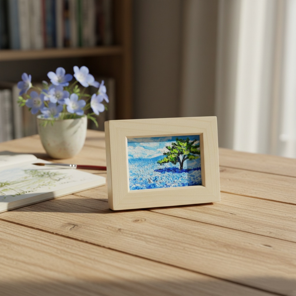 油絵 油彩 油彩画 絵 絵画 手描きミニ絵画 手のひらサイズ 【ネモフィラの丘】(額縁付き)