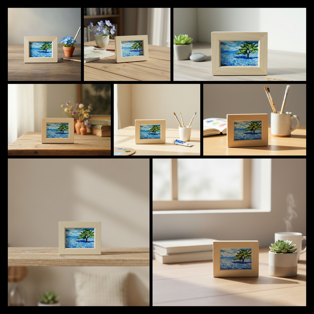 油絵 油彩 油彩画 絵 絵画 手描きミニ絵画 手のひらサイズ 【ネモフィラの丘】(額縁付き)