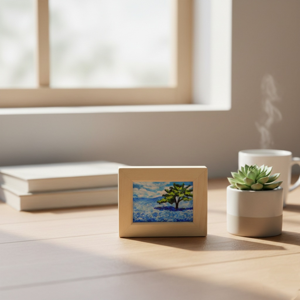 油絵 油彩 油彩画 絵 絵画 手描きミニ絵画 手のひらサイズ 【ネモフィラの丘】(額縁付き)