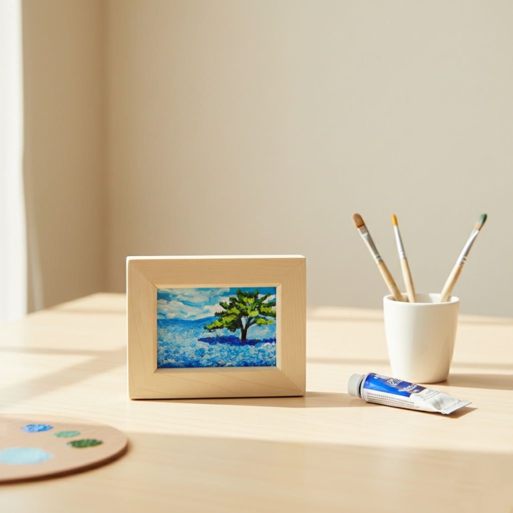 油絵 油彩 油彩画 絵 絵画 手描きミニ絵画 手のひらサイズ 【ネモフィラの丘】(額縁付き)