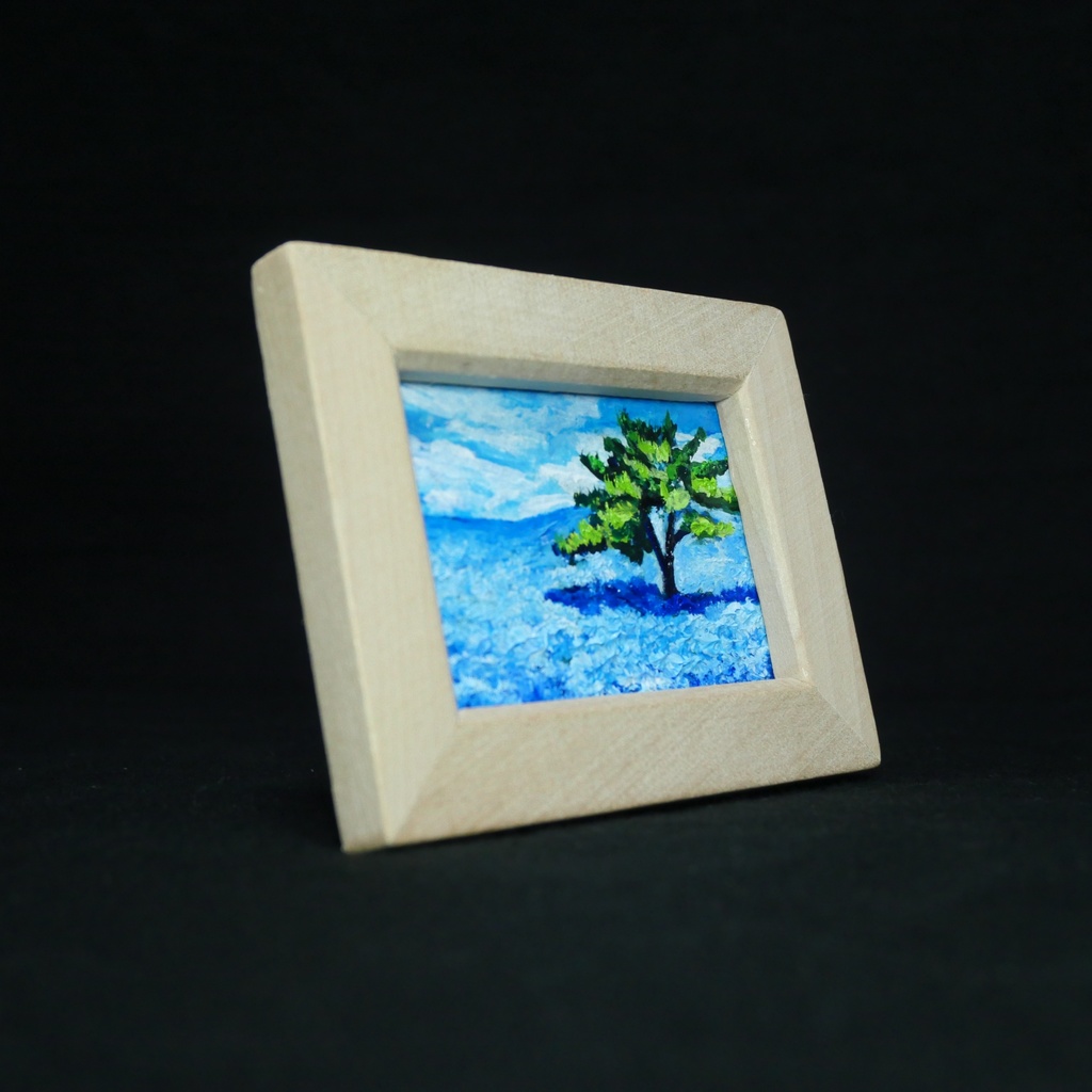 油絵 油彩 油彩画 絵 絵画 手描きミニ絵画 手のひらサイズ 【ネモフィラの丘】(額縁付き)