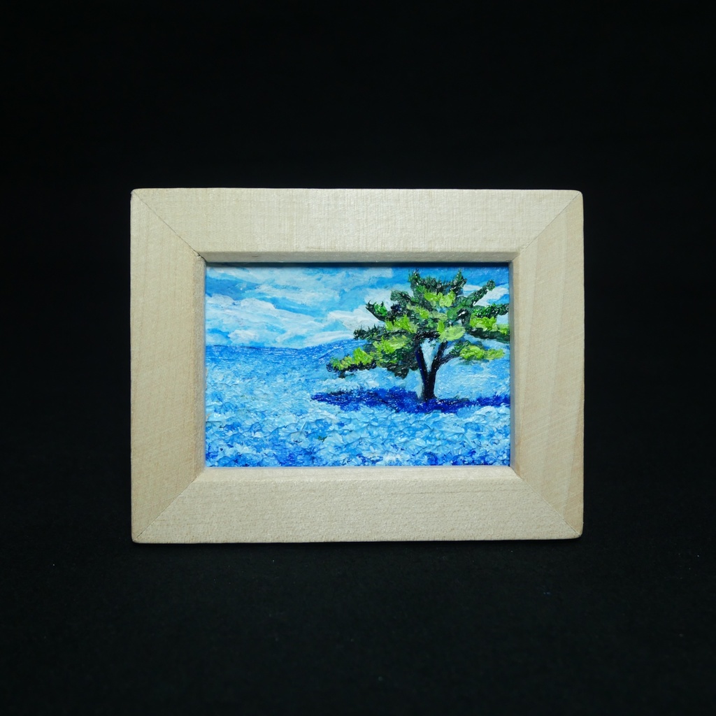 油絵 油彩 油彩画 絵 絵画 手描きミニ絵画 手のひらサイズ 【ネモフィラの丘】(額縁付き)