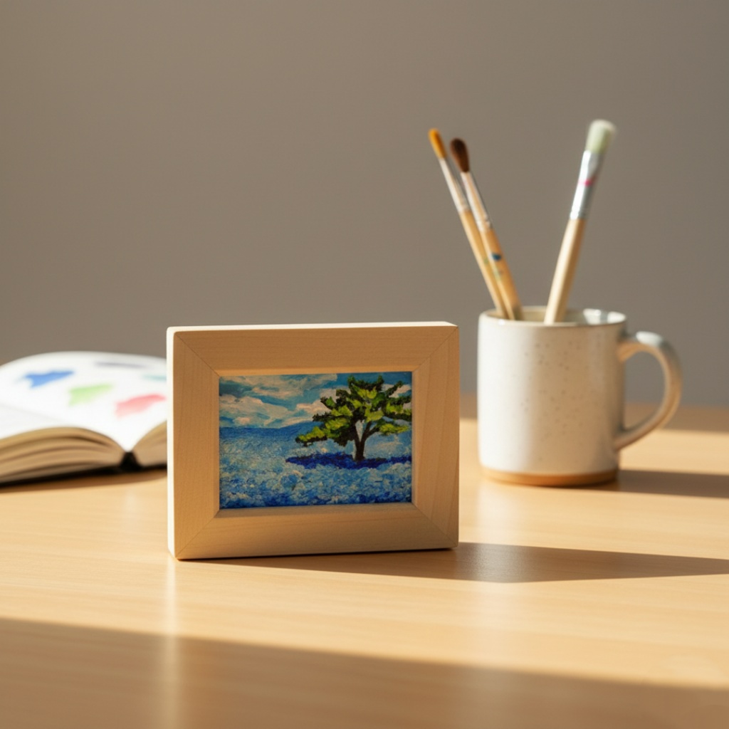 油絵 油彩 油彩画 絵 絵画 手描きミニ絵画 手のひらサイズ 【ネモフィラの丘】(額縁付き)