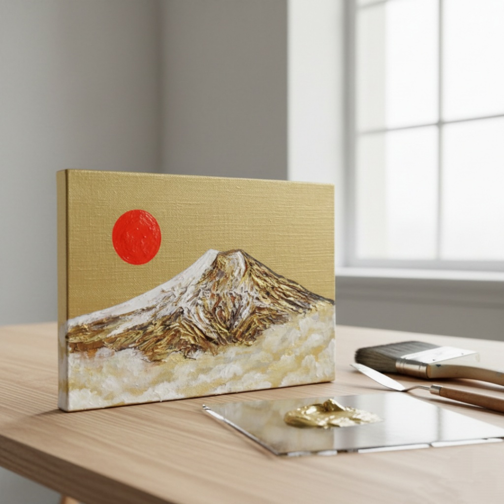 【開運インテリア】油彩画「黄金富士に旭日」SM号