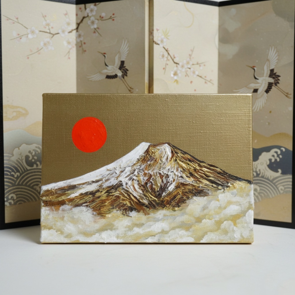 【開運インテリア】油彩画「黄金富士に旭日」SM号