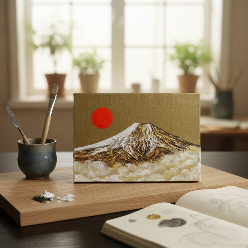 【開運インテリア】油彩画「黄金富士に旭日」SM号