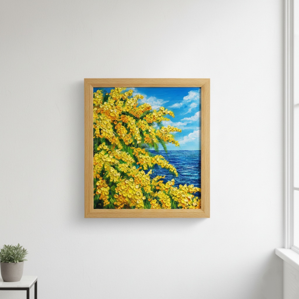 【一点物】油彩画「ミモザの海」光り輝く海とミモザの共演