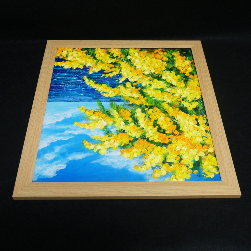 【一点物】油彩画「ミモザの海」光り輝く海とミモザの共演