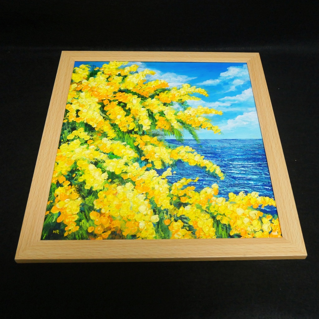 【一点物】油彩画「ミモザの海」光り輝く海とミモザの共演