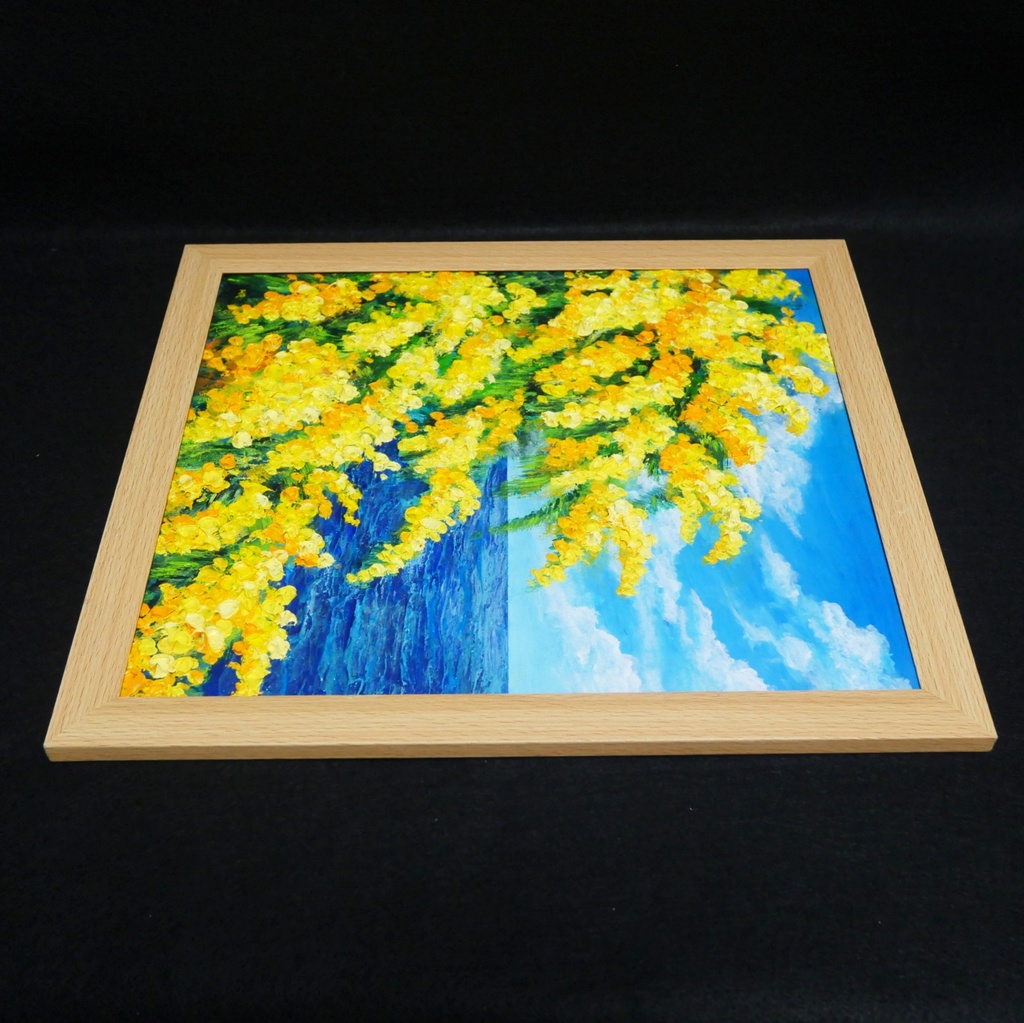 【一点物】油彩画「ミモザの海」光り輝く海とミモザの共演