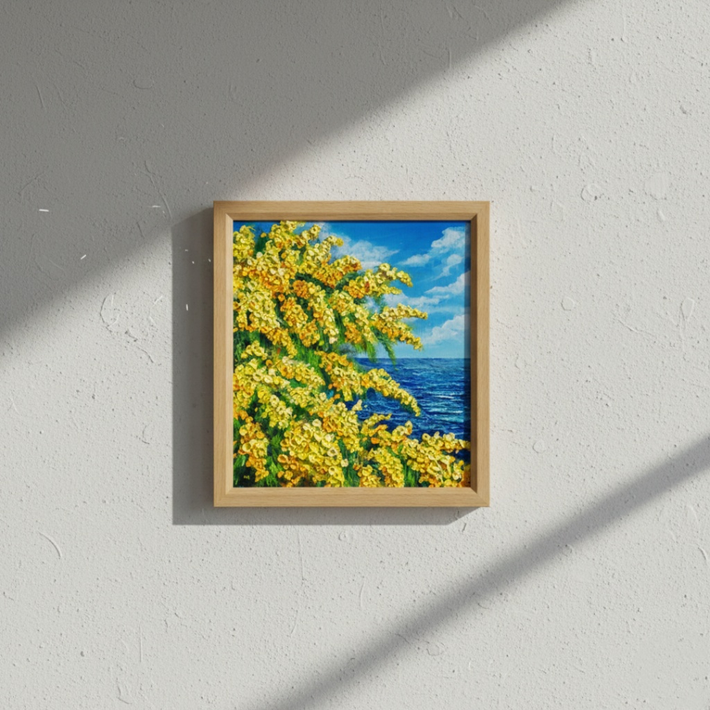 【一点物】油彩画「ミモザの海」光り輝く海とミモザの共演