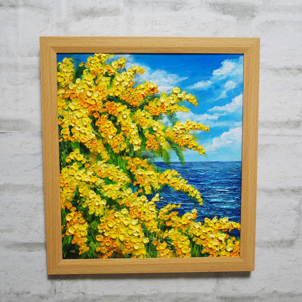 【一点物】油彩画「ミモザの海」光り輝く海とミモザの共演