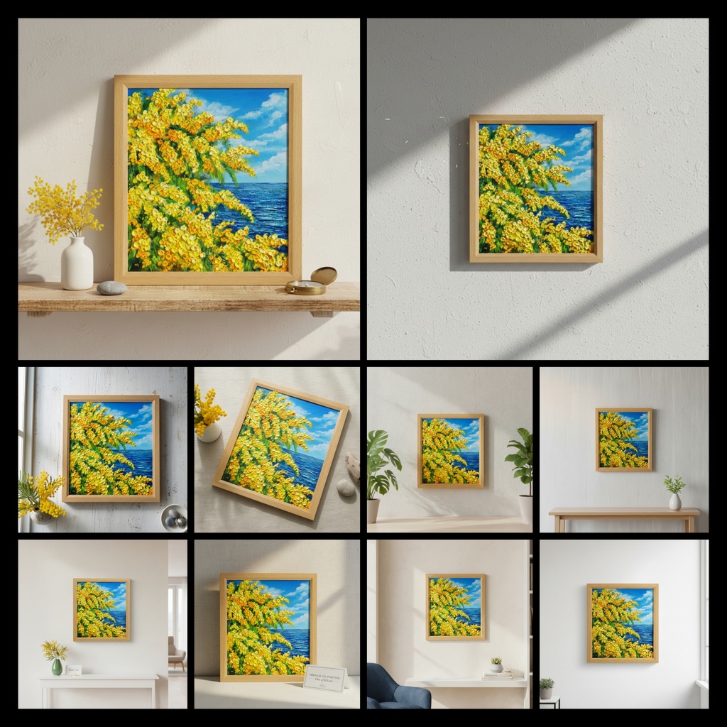 【一点物】油彩画「ミモザの海」光り輝く海とミモザの共演