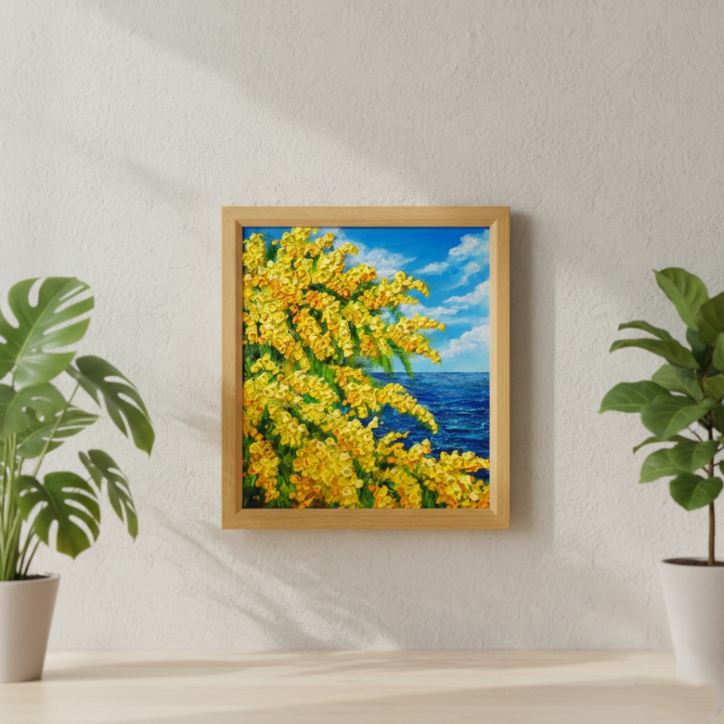 【一点物】油彩画「ミモザの海」光り輝く海とミモザの共演