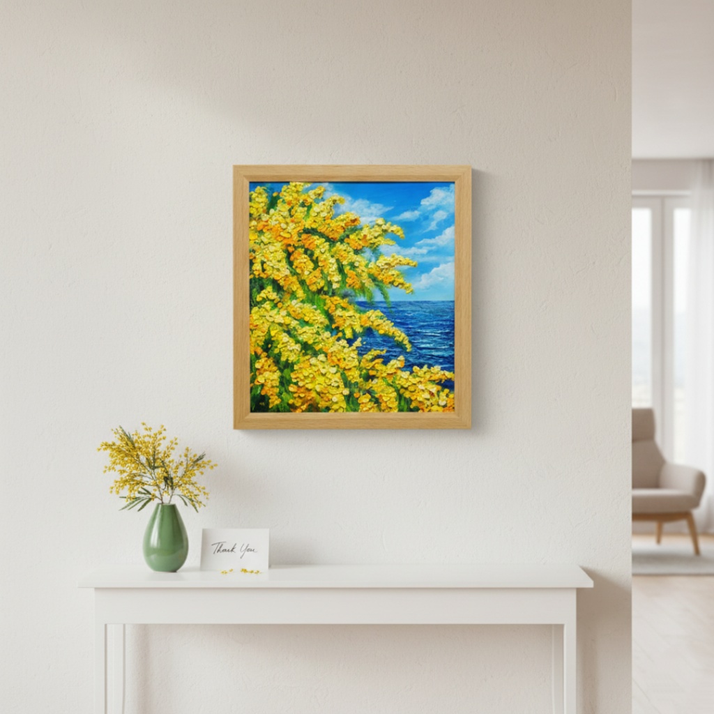 【一点物】油彩画「ミモザの海」光り輝く海とミモザの共演