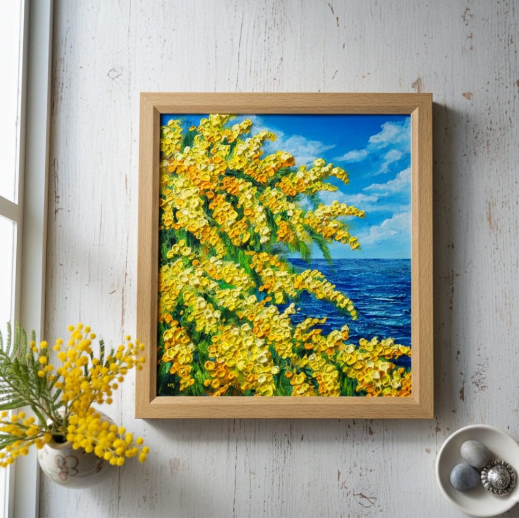 【一点物】油彩画「ミモザの海」光り輝く海とミモザの共演