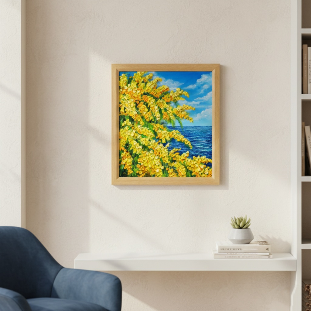 【一点物】油彩画「ミモザの海」光り輝く海とミモザの共演